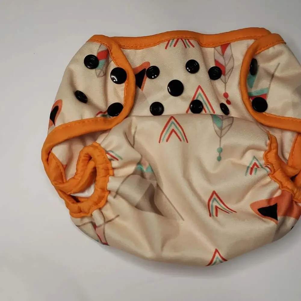 Adjustable Orange-Trim Diaper Cover with Geometric Feather Print